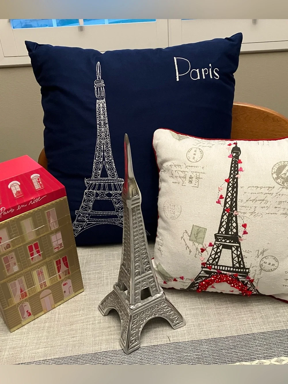 Paris Decor: 2 decorative pillows, silver Eiffel Tower figurine, tall canister